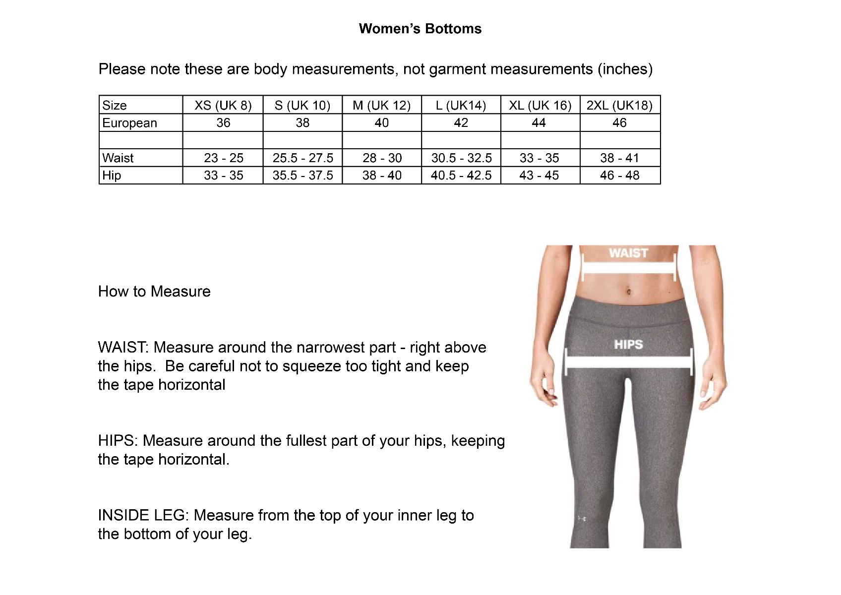 UA Womens Bottoms Size Guide